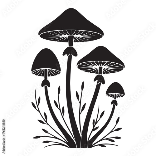 Black and white mushroom illustration for biology or science design projects
