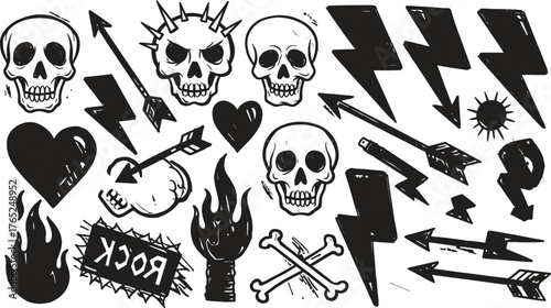 Grange punk elements with chalk, pastel or crayon texture. Hand drawn sketch tattoo shapes. Color vector illustration in retro style.