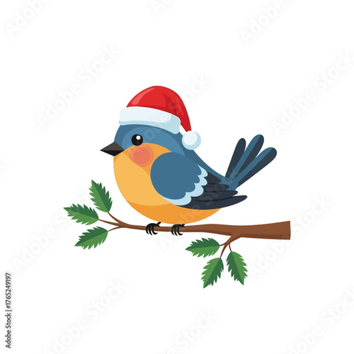 Cute Cartoon Bird with Santa Hat on Branch, Christmas Holiday Illustration