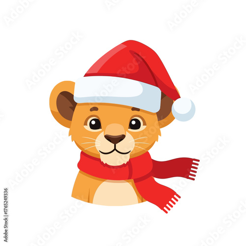 Cute Cartoon Lion Cub with Santa Hat and Scarf for Christmas Illustration