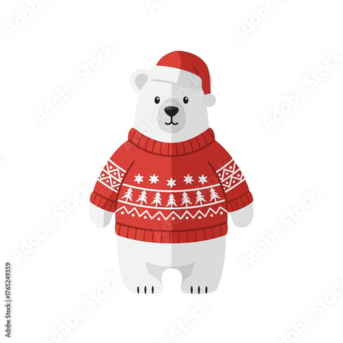 Cute Cartoon Polar Bear in Santa Hat and Christmas Sweater Illustration