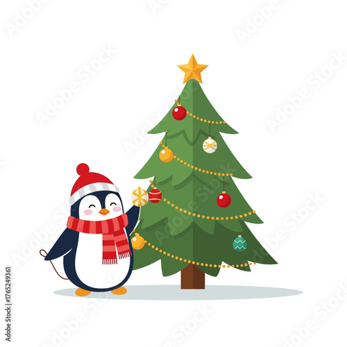 Cute Cartoon Penguin Decorating Christmas Tree Illustration
