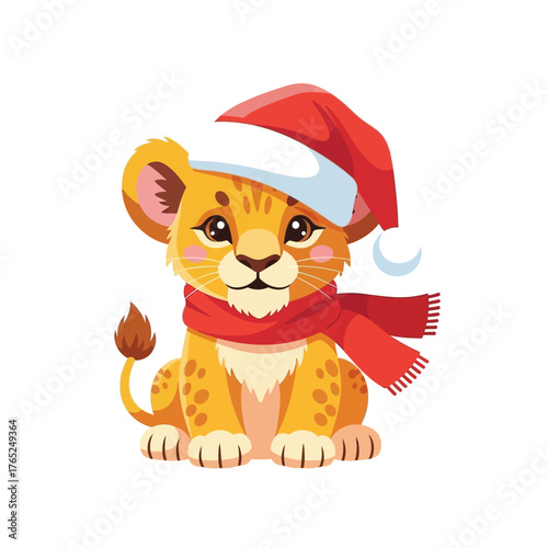 Cute Cartoon Lion Cub Wearing Santa Hat and Scarf for Christmas