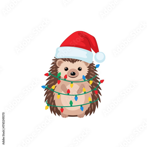 Cute Cartoon Hedgehog with Christmas Lights and Santa Hat, Isolated on White
