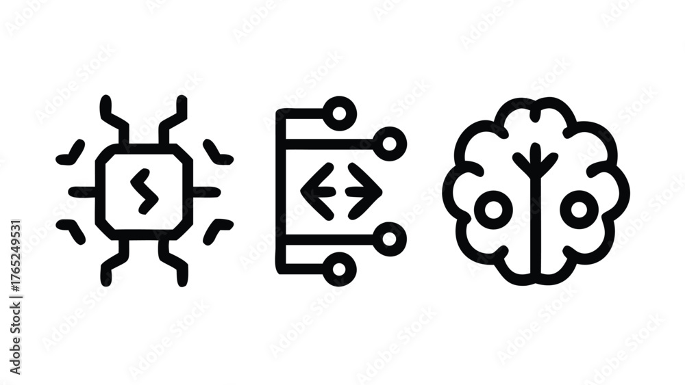Fototapeta premium Three icons: computer processor, data transfer, and brain with circuits chip