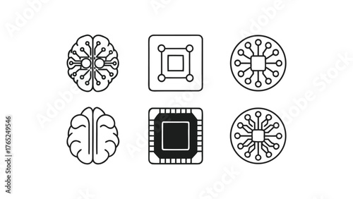 Two rows of three black and white line art icons depicting AI and computer chip concepts Keywords: AI, artificial intelligence, technology, icon