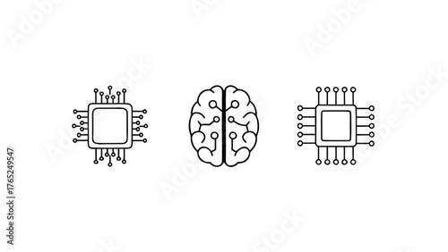 Two computer chips flanking a stylized brain icon artificial intelligence technology