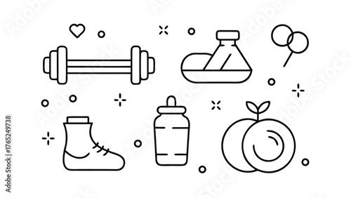 Collection of fitness and health icons in outline style Keywords: fitness, health, dumbbell, shoe, sneaker, water bottle, fruit, apple, peach
