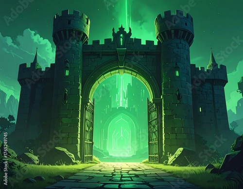 A glowing green gate of an ancient castle invites passage
