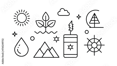 Collection of Nature and Environment Line Icons on White Background Keywords: nature, environment, icons, sun, cloud, plant, seedling, sprout