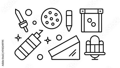 Collection of scattered line art icons representing science and art supplies vector