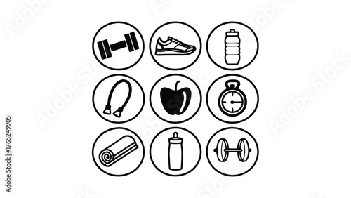 Fitness And Health Icons In Circles On White Background dumbbell weight