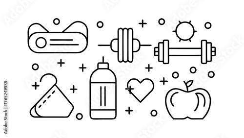 Fitness And Health Line Art Icons Scattered On White Background sport workout