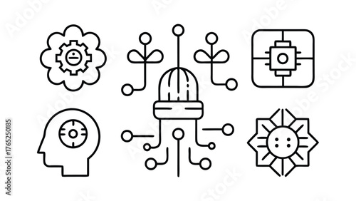 Set of six black line art icons representing AI, technology, and nature concepts Keywords: AI, artificial intelligence, technology, icon, symbol