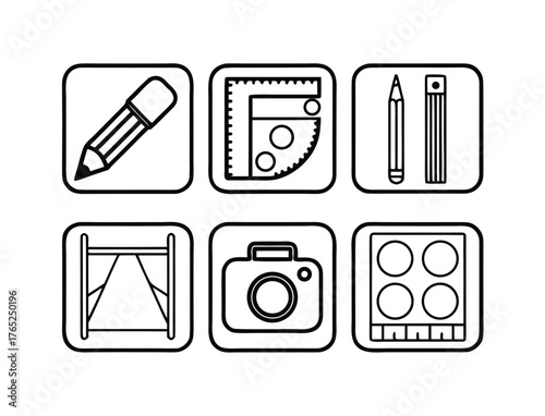 Set of six simple line art icons for education and creativity tools vector illustration