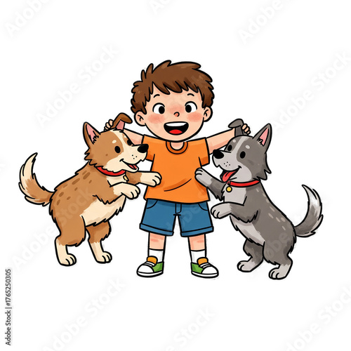 Happy Boy With Two Dogs Cartoon Illustration Isolated Transparent Background