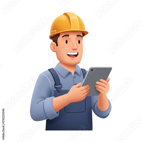 Happy Cartoon Construction Worker Man Holding Tablet Computer with Yellow Hard Hat