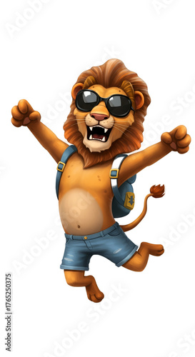 Happy Cartoon Lion Character Wearing Sunglasses and Denim Shorts with Backpack