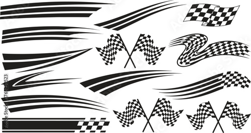Collection of black and white racing stripes and checkered flags graphics