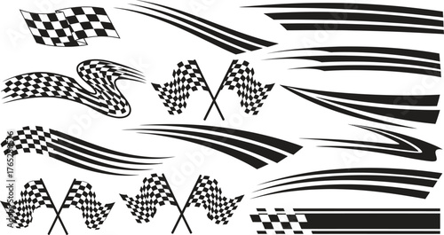 Collection of black and white racing stripes and checkered flags graphics
