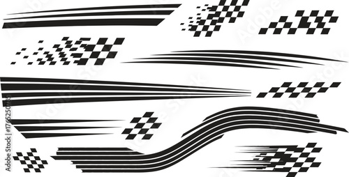 Collection of black and white racing stripes and checkered flags graphics