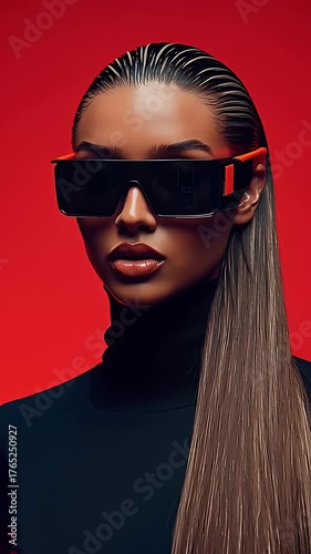 Modern fashion woman wearing sunglass in red background