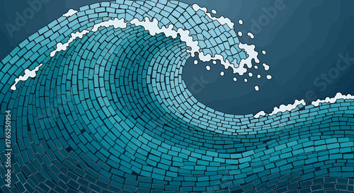 A digital art illustration of a large ocean wave made from numerous small blue rectangular blocks, with white foam at its crest.