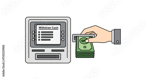 Vector illustration of a hand withdrawing a stack of cash from an ATM machine on a white background.