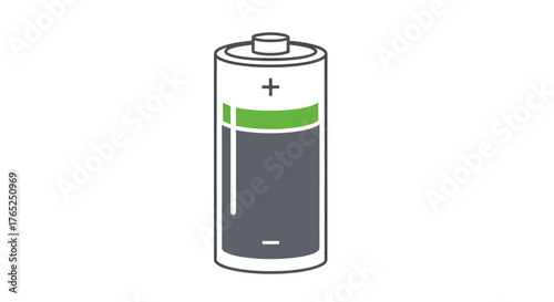 A stylized illustration of a battery with a green charge indicator showing it is partially full.