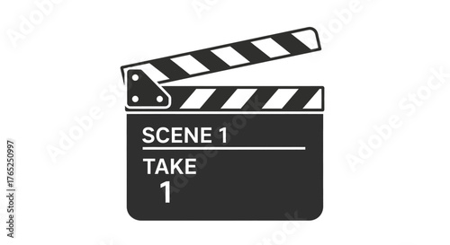 Illustration of a clapperboard with the text 'Scene 1' and 'Take 1' on a black background.