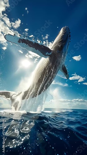 A blue whale jumping in the sea water.