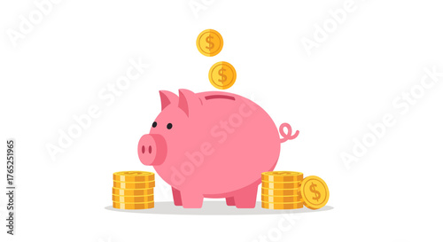 Pink piggy bank with gold dollar coins being dropped in for savings, surrounded by stacks of money.