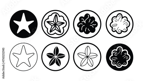 Black and White Circular Icons of Stars and Floral Shapes Keywords: star, flower, cloud, swirl, icon, symbol, circle, outline, black and white