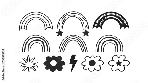 Black and White Hand Drawn Doodle Icons of Rainbows Flowers and Lightning Bolts illustration