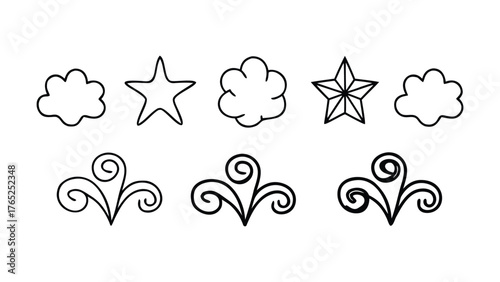 Black and White Outline Clouds Stars and Swirl Ornaments on White Background Keywords: cloud, star, swirl, ornament, outline, drawing, doodle