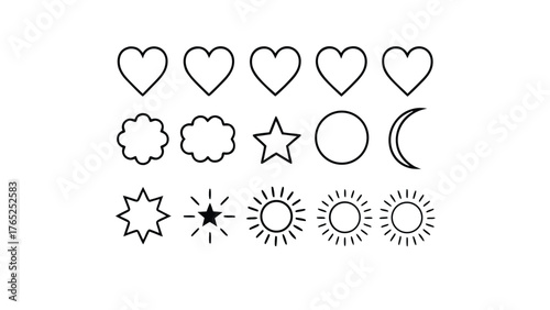 Collection of Outline Icons Hearts Clouds Stars Suns Moon and Sparkle vector illustration