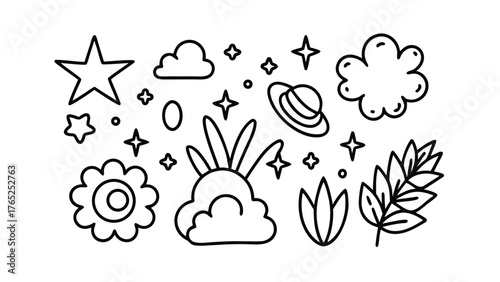 Hand Drawn Celestial and Nature Elements Collection on White Background star stars