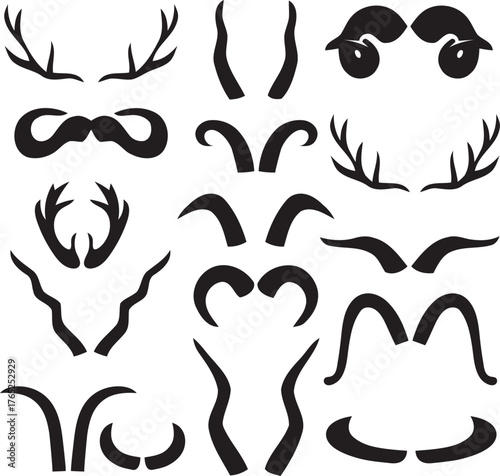 Hunting wild animals, deer, goat horns antlers silhouettes. Moose, deer, ram, goat, bison horns black silhouette vector illustration set. Trophy hoofed animals