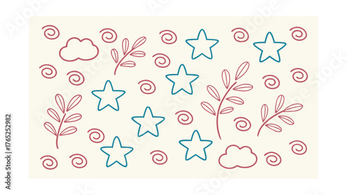 Pastel Doodle Pattern of Blue Stars Red Leaves and Swirls on Cream Background Keywords: doodle, pattern, pastel, cream background, blue, red, star