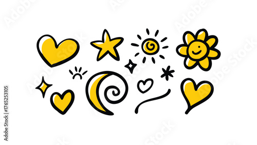 Set of Hand Drawn Yellow and Black Doodle Icons Featuring Hearts Stars Suns and Flower