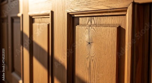 Detailed view of an elaborate wooden door, showcasing intricate craftsmanship