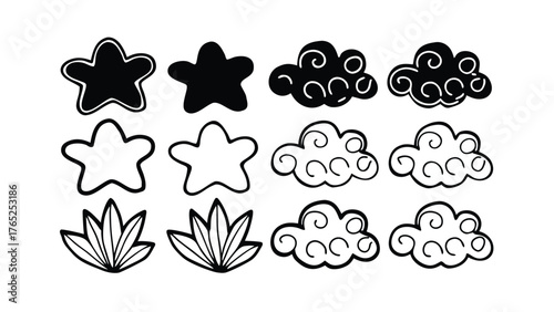 Set of hand-drawn black and white star cloud and leaf icons on white background Keywords: star, icon, set, collection, shape, symbol, graphic