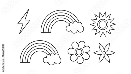 Simple Black and White Line Art Icons of Rainbows, Sun, Flowers and Lightning Keywords: doodle, icon, set, collection, hand drawn, illustration
