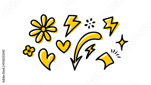 Yellow and Black Hand Drawn Doodle Icons of Flowers Hearts and Lightning Bolts illustration