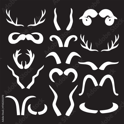 Hunting wild animals, deer, goat horns antlers silhouettes. Moose, deer, ram, goat, bison horns black silhouette vector illustration set. Trophy hoofed animals
