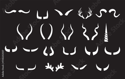Hunting wild animals, deer, goat horns antlers silhouettes. Moose, deer, ram, goat, bison horns black silhouette vector illustration set. Trophy hoofed animals