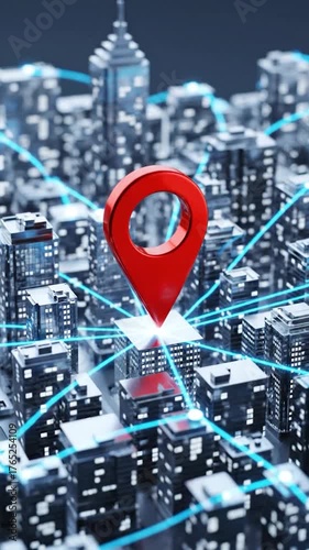 A 3D rendered city with a red location pin and blue network connections