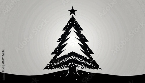 Abstract black and white Christmas tree design with a star on top.