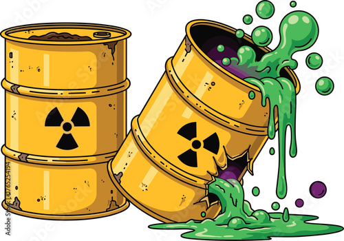 Leaking Radioactive Waste Barrels in Abandoned Industrial Site Illustration, Depicting Environmental Hazard and Danger, Suitable for Pollution Awareness Campaigns, Science Education, Graphic Design Pr
