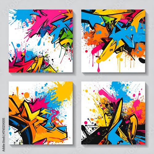 Abstract graffiti art, colorful spray paint, urban, modern design set